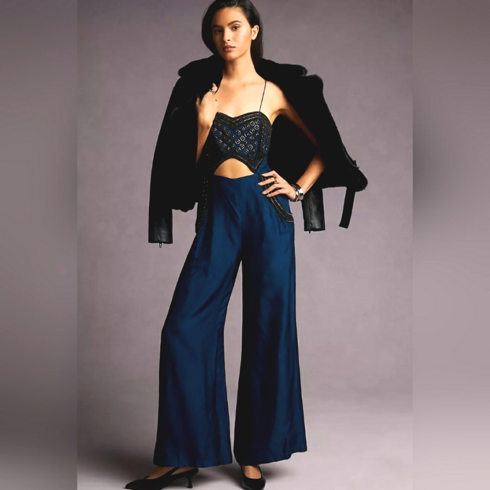 💌 💟 NWT Anthropologie Navy Beadwork Spaghetti Strap Jumpsuit Size 14 💟💌